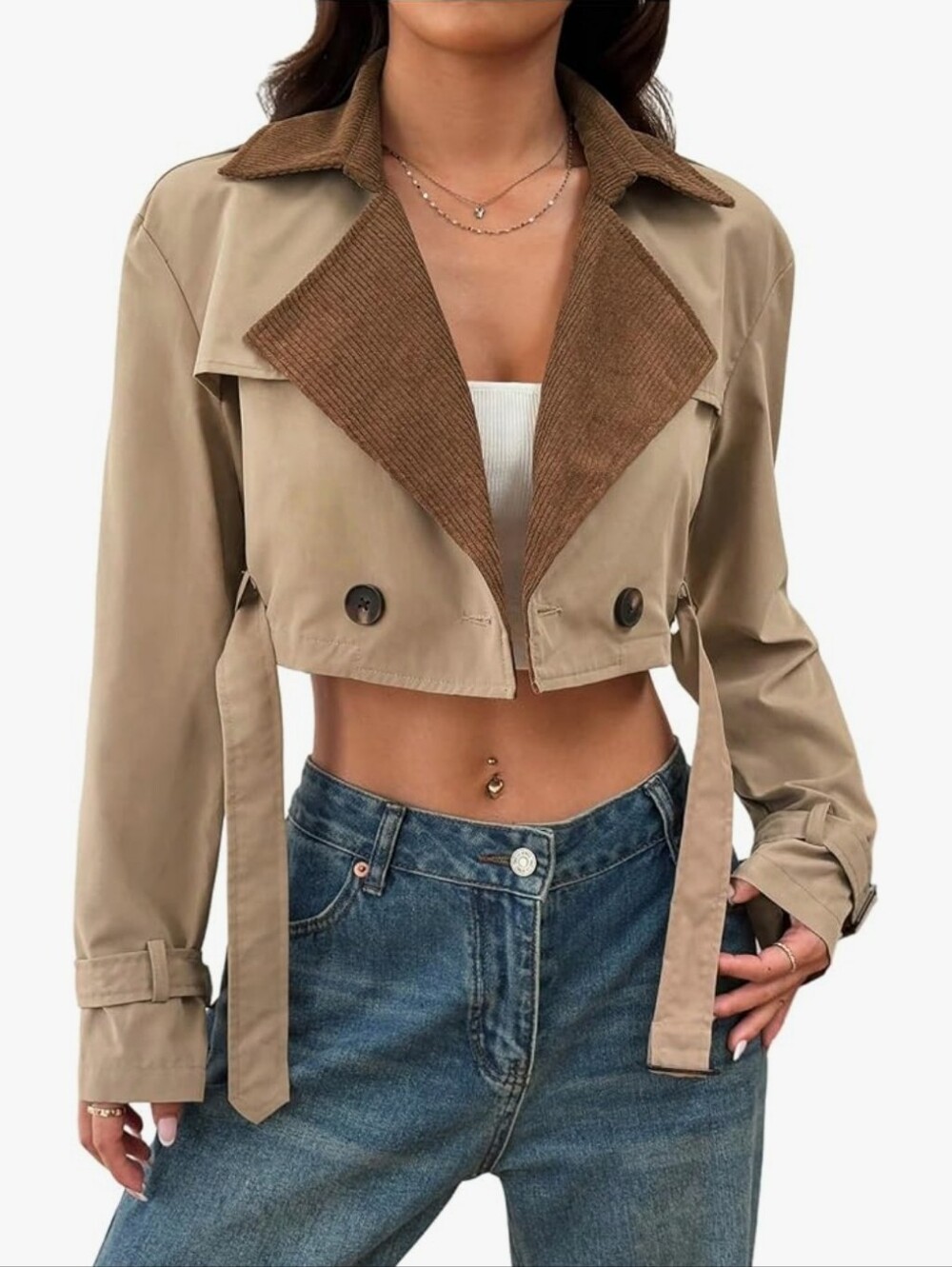 Double Breasted Cropped Trench Coat Belted Long Sleeve Lapel Collar Jacket